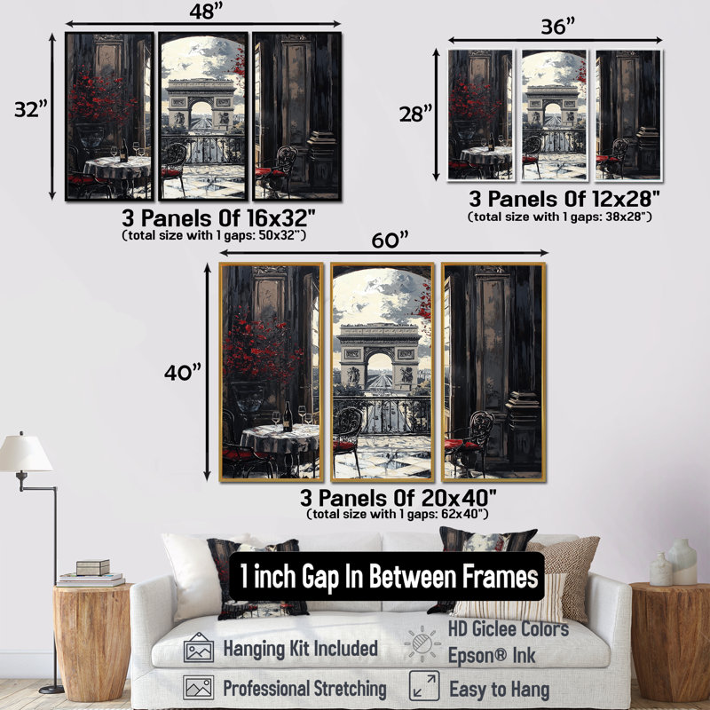 «Paris Terasse Red Arc De Triomphe - City Paris», ensemble de reproductions d'art mural, Toile avec cadre flottant noir