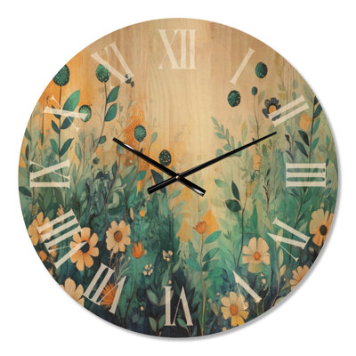 Extra Large Botanical Silent Round Wood Wall Clock – Spring Wildflowers Meadow