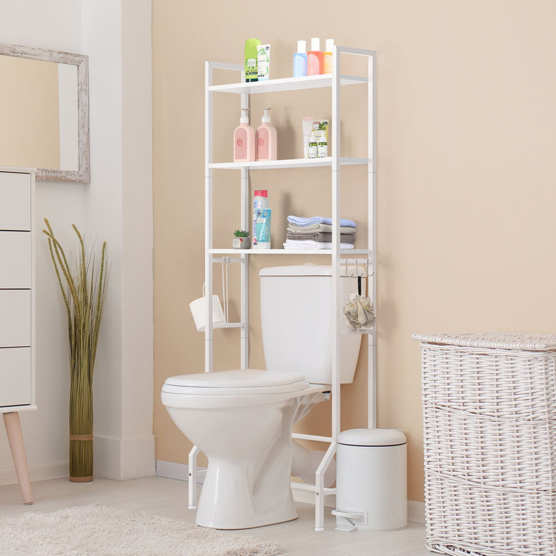 Tablette de rangement rustique au-dessus de la toilette avec crochets, Blanc