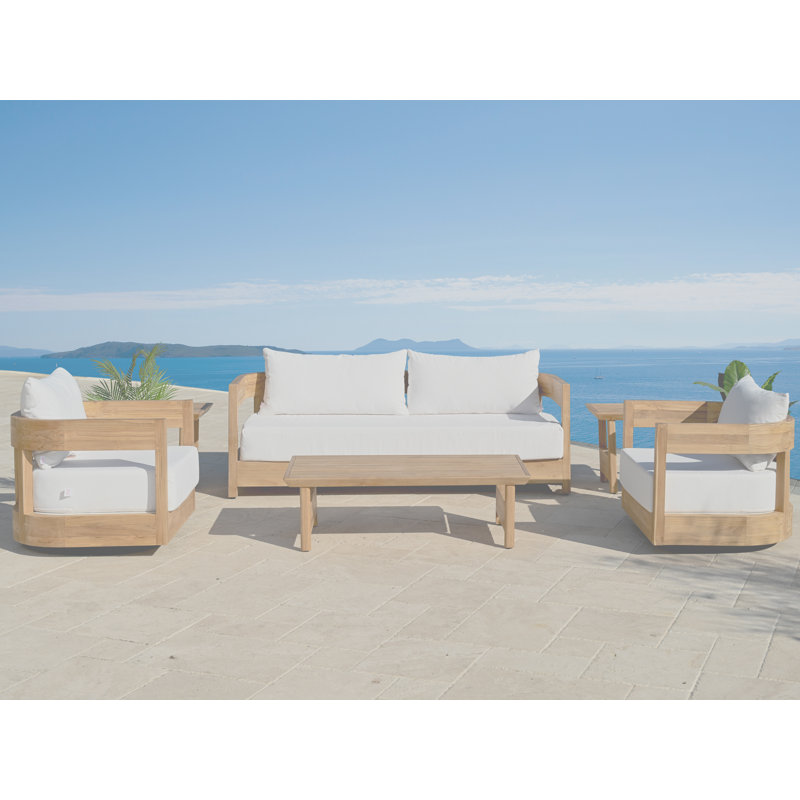 Ensemble de conversation en teck 6 pièces avec coussins Sunbrella Everlee, Blanc