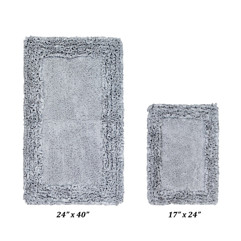 Ensemble de tapis de bain 100% coton 1775 g / m² 2 pièces Courson Premium, certifié OEKO-TEX®, envers en latex antidérapant, motif de volants touffetés moelleux, super absorbant, tapis de salle de bain lavables à la machine, argent