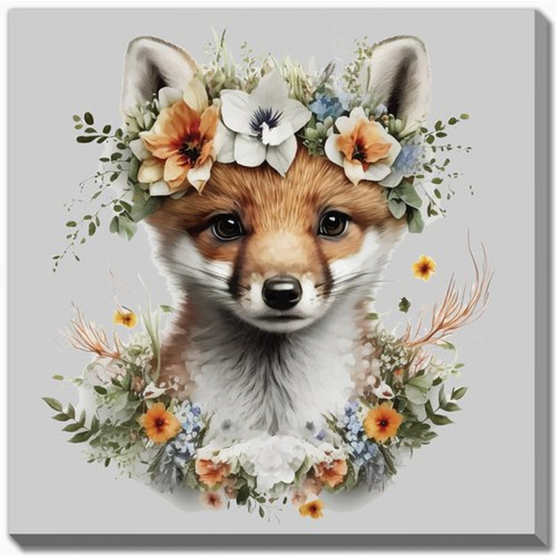 Renard dans un bouquet floral, art mural sur toile, H 38 po x l 38 po