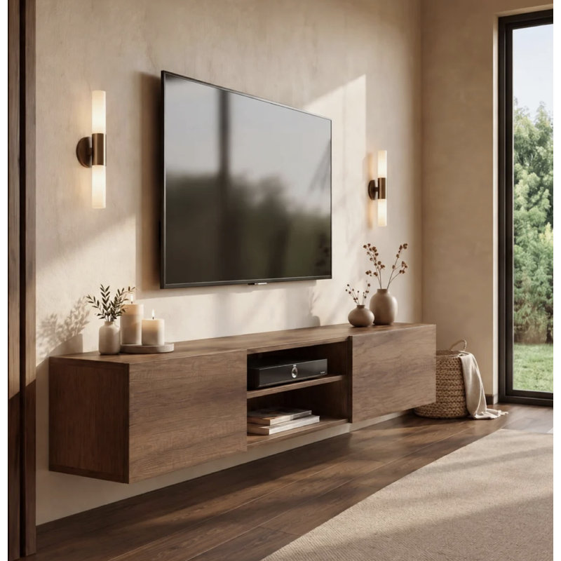 Desmone Modern Floating TV Stand for Up to 80" TVs, Minimalist Wall-Mounted Media Console with Storage, Walnut Brown Wood Finish 