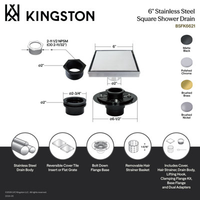 Kingston Brass Watercourse 6-Inch Stainless Steel Square Shower Drain with Flange