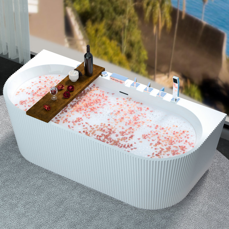 67" X 31.5" Freestanding Acrylic Soaking And Whirlpool Bathtub With Adjustable Massage Jets, 7-color Led Lights, Hot & Cold Water Control (faucet Included)
