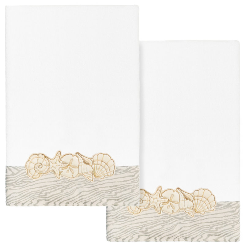 SHELL ROW 2PC Embellished Bath Towel Set Midweight Bath Towel, White