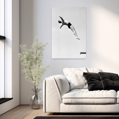 1930S Athletic Man Jumping Off High Diving Board Backwards Mid-Air Good Form Reverse Swan Dive Classic Retro Vintage Portrait Wall Art