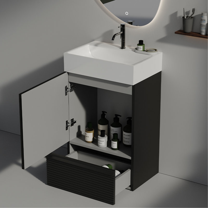 Meuble-lavabo moderne rayé de 20 po, noir, un tiroir, coffre-fort pour porte familiale, tous les âges