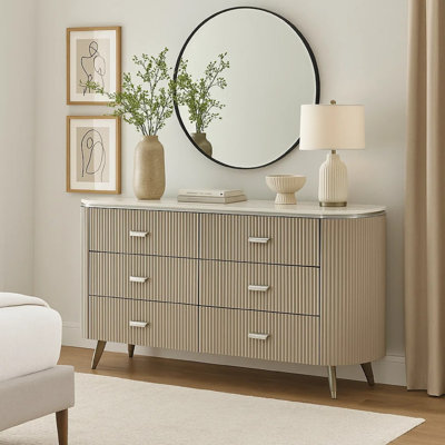 Gema 6 Drawer Wide Dresser, Light Gray Solid Wood With Cultured Stone Top