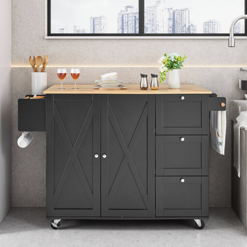 Black Kitchen Island Cart on Wheels with Drawers, Shelves, Storage Cabinet & Towel Rack, Black, Manufactured Wood