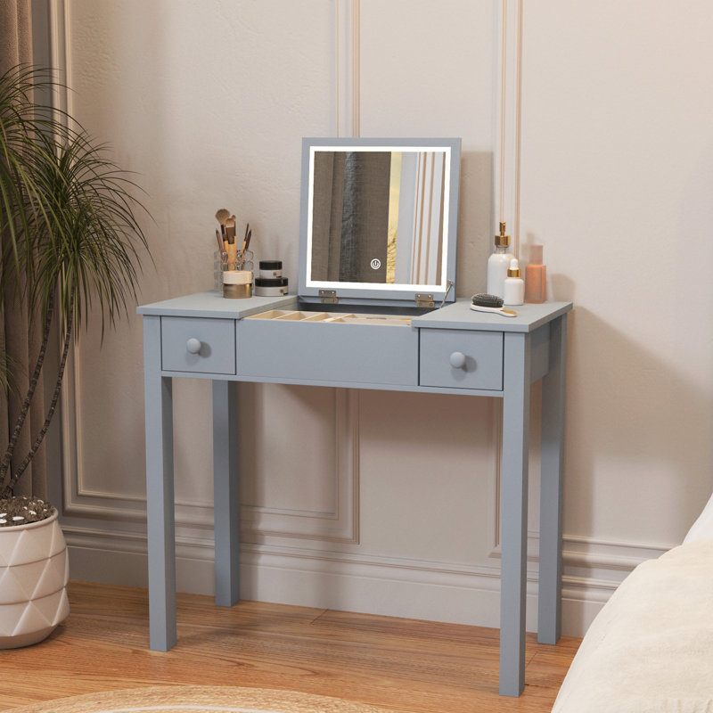 Bureau de coiffeuse multifonctionnel avec éclairage réglable à 3 niveaux avec miroir rabattable et rangement Table de maquillage profonde 15,75 po 2 tiroirs et 3 boîtes de rangement amovibles Bureau de bureau compact gris