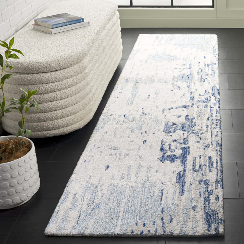 Jayma Hand Tufted Wool/Cotton Abstract Rug in Ivory/Blue, Runner 2'3" x 9'