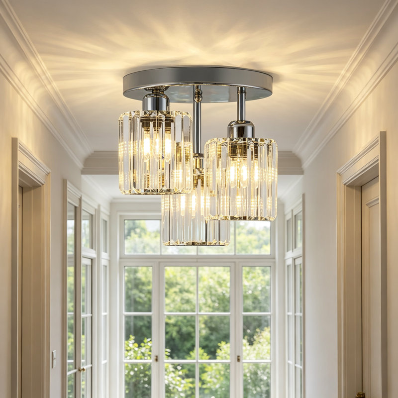 Plafonnier semi-encastré 3 lumières chromé, luminaire moderne en cristal pour la cuisine, le vestibule et la chambre à coucher
