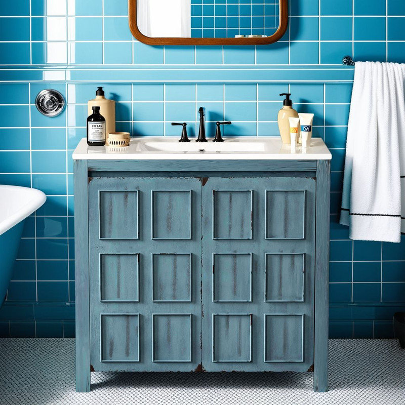 36" Rustic Bathroom Vanity – Distressed Finish, Ceramic Sink, Soft-Close?, Blue