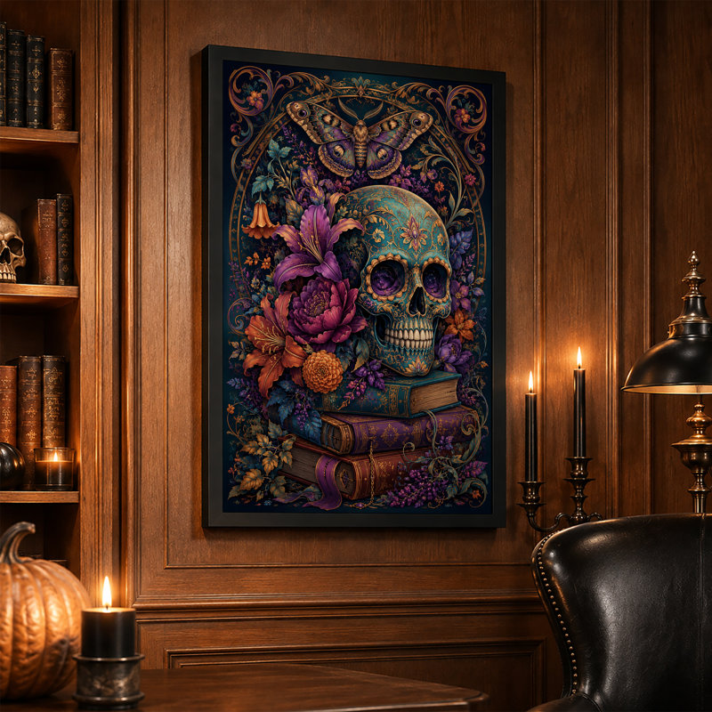 Ornement de crâne bleu sarcelle avec fleurs mauves et toile d'Halloween dorée, H 36 po x l 24 po