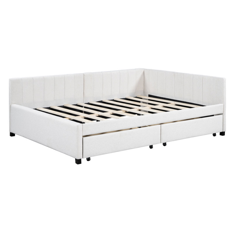 Full Daybed With Storage Drawers, Beige Linen Fabric, Strong Wood Frame, No Box Spring For Space Linen, Relaxation, Beige