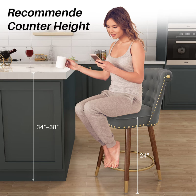 Gray Velvet Upholstered Swivel Counter Stools with Wood Legs, Set of 2