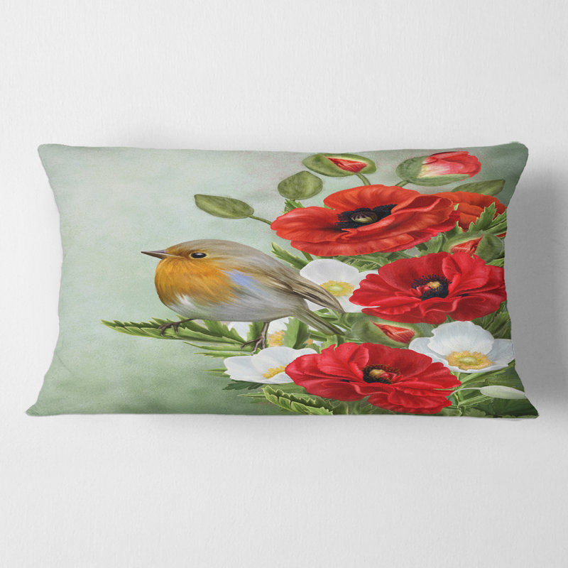 Housse de coussin et insert pour oiseau avec coquelicots et anémones