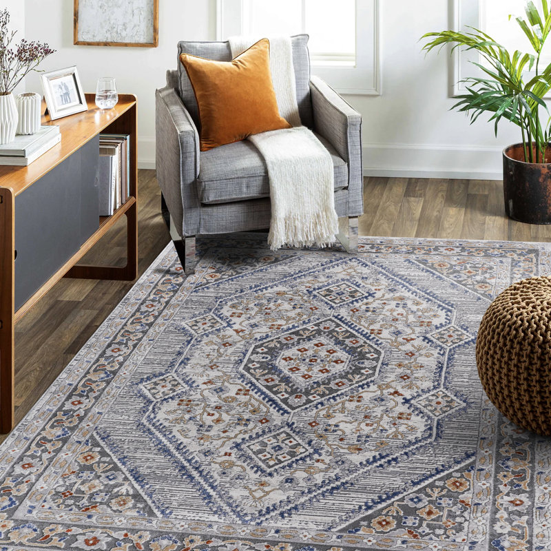 Tapis 8 x 10 bleu / crème / style, sans perte de teinture, pour divers espaces de maison avec décor et pièces