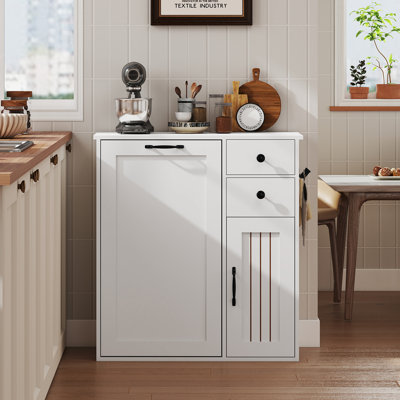 Meuble de poubelle de cuisine basculant avec tiroirs et 4 crochets, 38 litres | Rangement à 3 niveaux, meuble à ordures dissimulé, meuble à linge en bois autoportant, pour salon, salle à manger, blanc