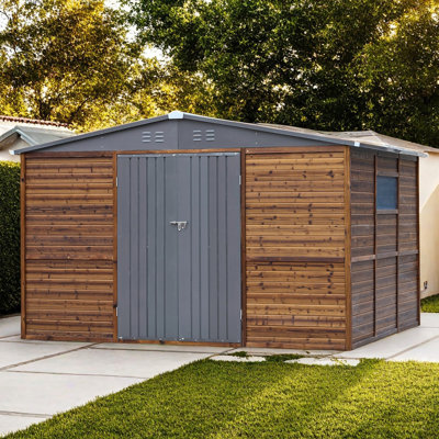 Decksplore 8 ft. D x 10 ft. W Outdoor Storage Wooden Garden Tool Shed , with Metal Roof, Windows & Ventilation , Medium Wood