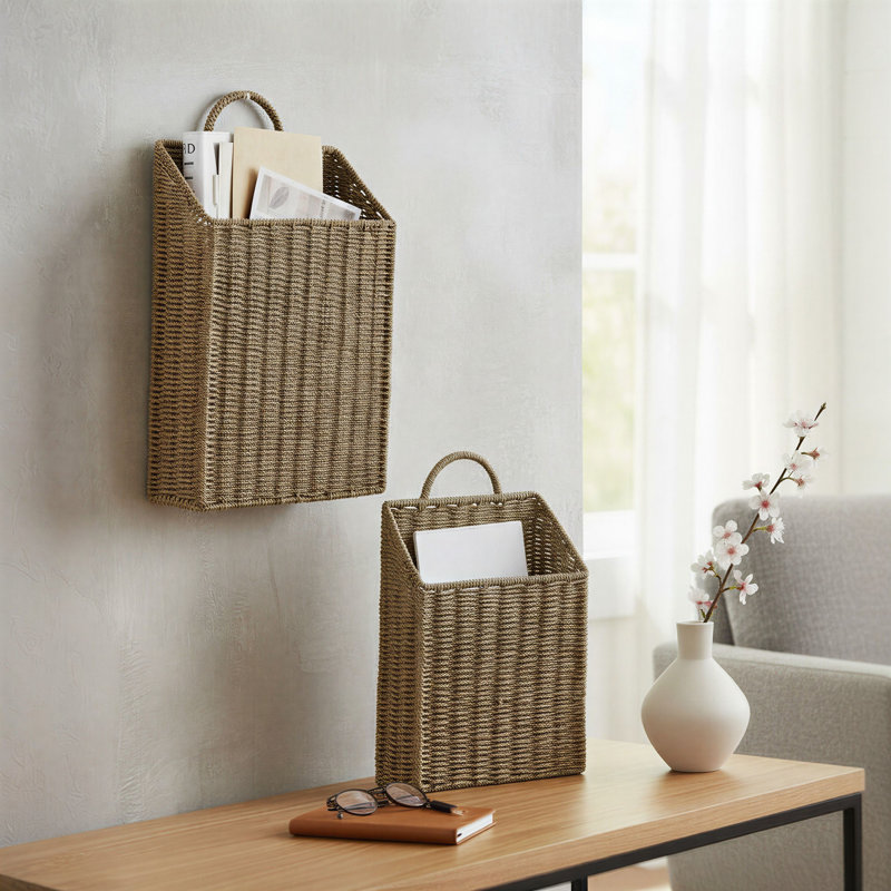 2-Piece Rectangular Wicker Hanging Basket Set in Handwoven Seagrass with Metal Frame