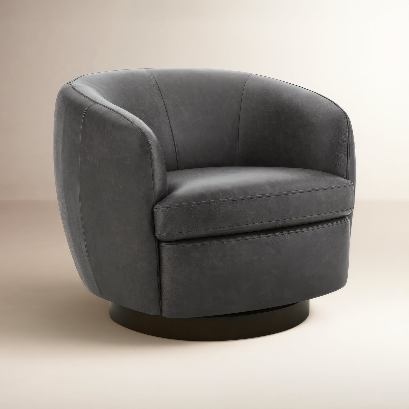 Marcy Genuine Leather Swivel Barrel Chair, Marseille Black Top Grain Leather