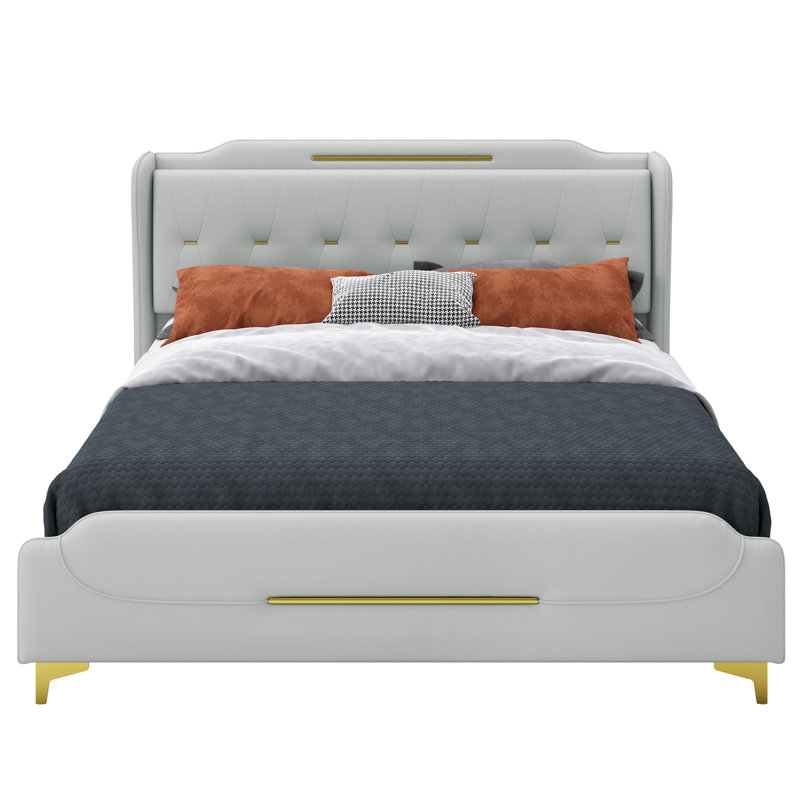 Très grande base de lit plateforme en cuir PU, tête de lit à oreilles, couleur grise, lattes en bois massif, support en métal, lit tapissier sans sommier, tête de lit et nécessaire, facile à nettoyer