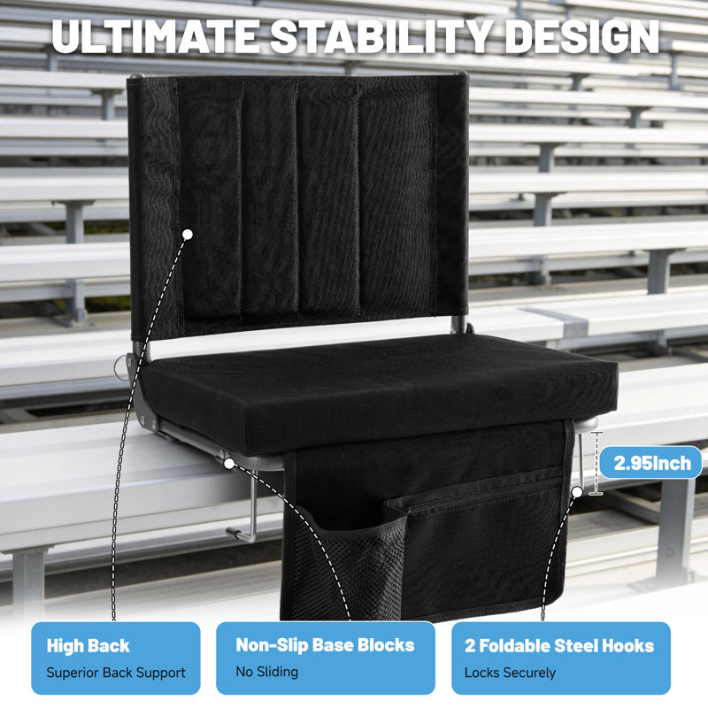 17.3" Portable Folding 400 lbs Capacity Cushioned Stadium Seat, Black, 2
