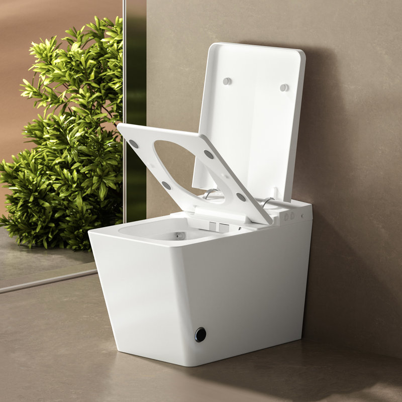 Square Built-In Tank Smart Toilet For Bathroom - Remote Command, Auto Flush Mechanism, Heated Seat Feature, Led Panel, User Tailored Options, White Finish With Placed Controlled, Flushing, Seat,