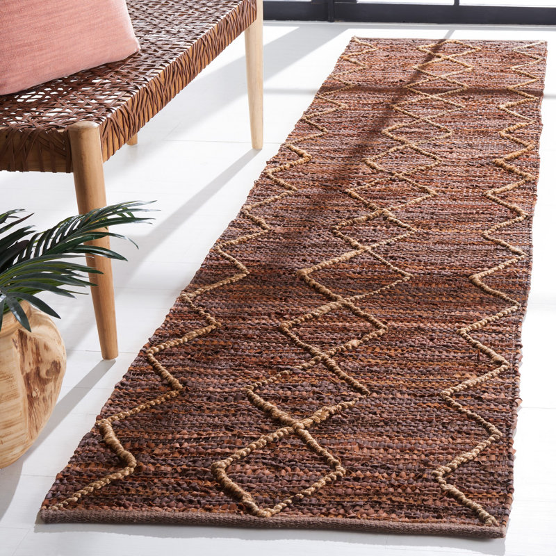 Tapis rétro en cuir / jute / coton tissé à la main Vintage Leather, Tapis de couloir 2 pi 3 po x 5 pi