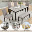 Ensemble de table de salle à manger 6 pièces avec banc, table de cuisine en bois massif avec plateau en mélamine effet béton et 4 chaises rembourrées pour la salle à manger, la cuisine, le restaurant, gris et noir