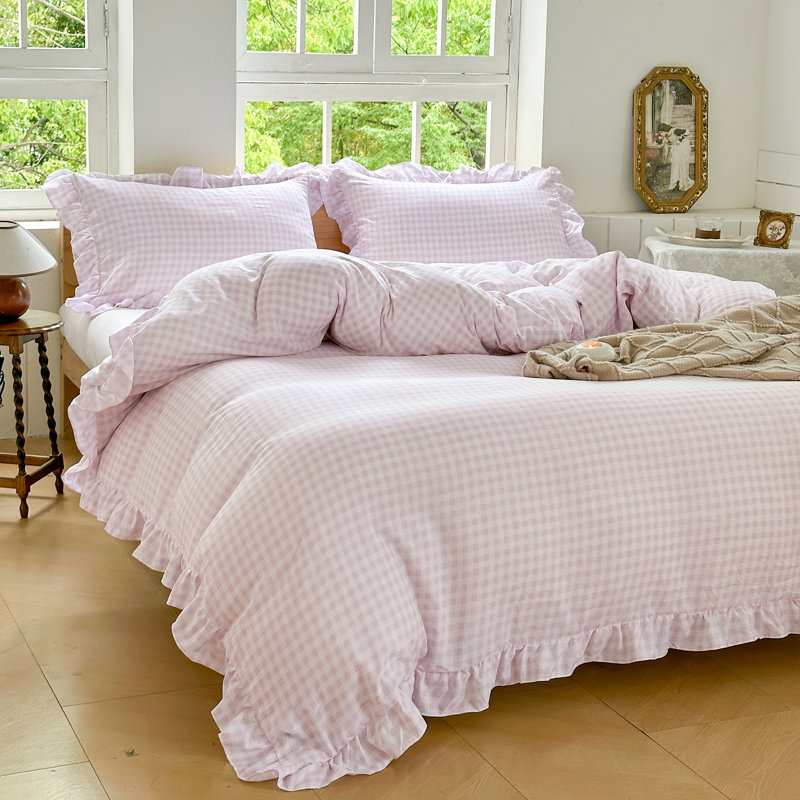 Ensemble de housse de couette à volants Gingham, ensemble de housse d'édredon à carreaux en microfibre prélavée, Lit simple