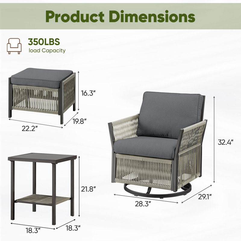 Ensemble 5 pièces de fauteuil oscillant rotin en rotin tissé avec repose-pieds et table d'appoint, Gris
