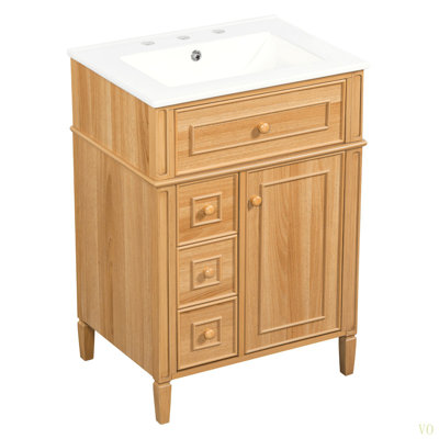 Meuble-lavabo 24 po avec lavabo, meuble-lavabo en bois avec tiroir rabattable, 2 tiroirs à fermeture en douceur, 1 porte à fermeture en douceur, bois massif et panneau de fibres à densité moyenne, poignées en bois élégantes