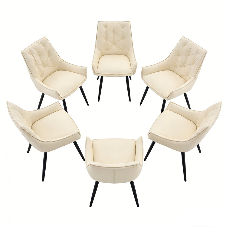 Dining Chairs Set of 6, Faux Leather Dining Room Chair, Metal Kitchen Chairs with  Mesh Texture and Black Sanded Legs, White