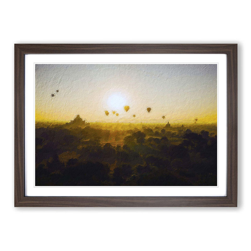 Hot Air Balloons over Bagan in Myanmar - Picture Frame Painting Print, 36cm H x 48cm W x 2cm D, Walnut Framed