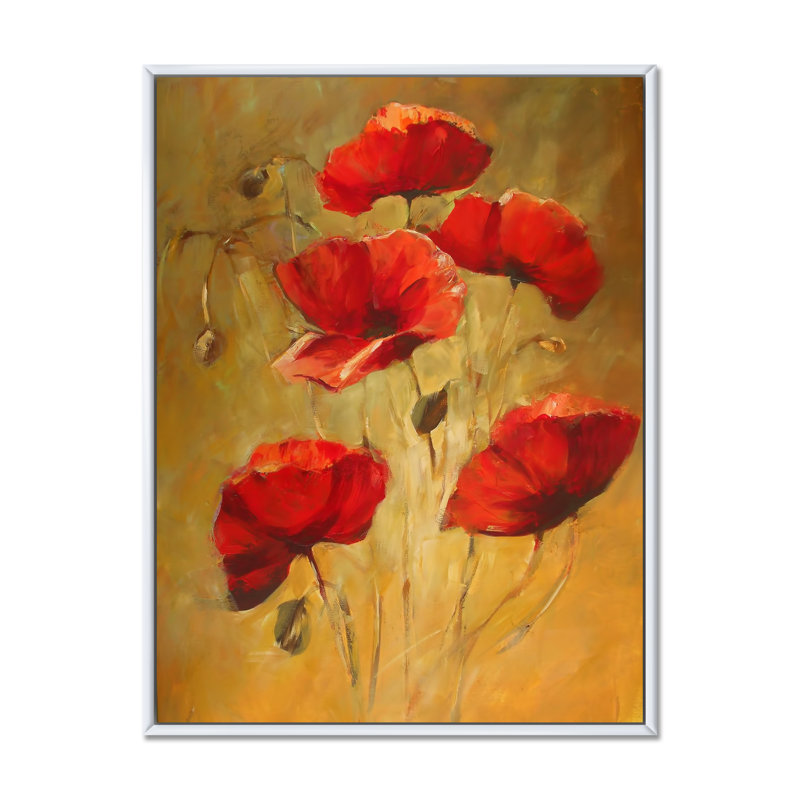 «Red Blooming Poppies IV», reproduction d'art sur toile traditionnelle, H 12 po x l 8 po x P 1 po, Cadre flottant blanc