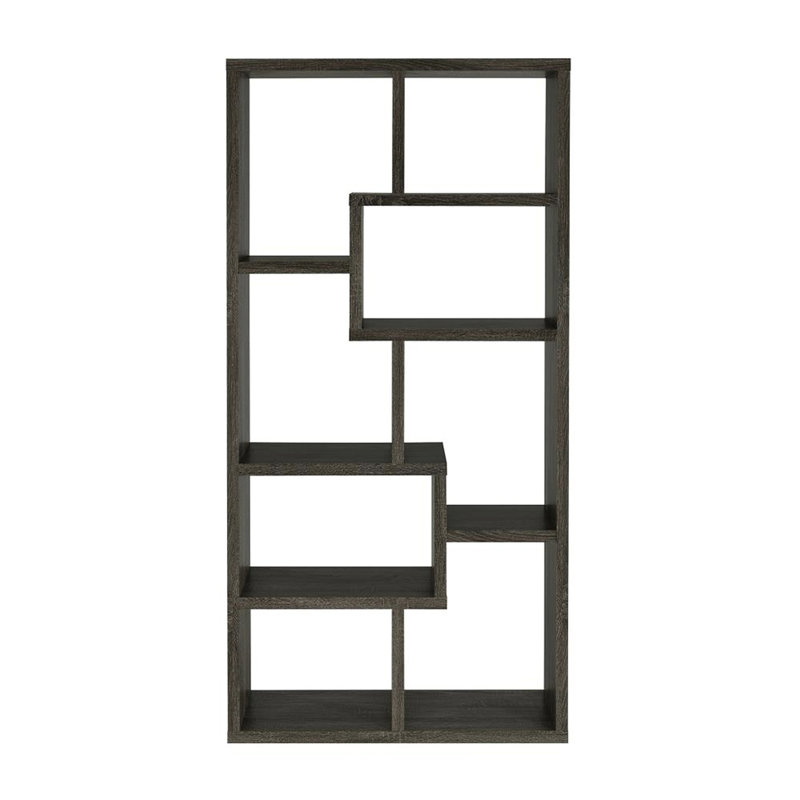 Gris vieilli, bibliothèque rectangulaire, 10 tablettes, géométrique, compartiments modulaires, surface ouverte ouverte Scratch, panneau de particules et placage