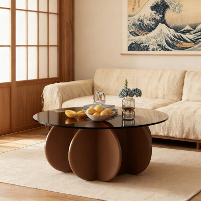 31.5" Round Glass Coffee Table For Living Room Mid Century Modern Coffee Table Unique Circle Centre Table With Wood Base, Cocktail Table For Small Space Home Office.