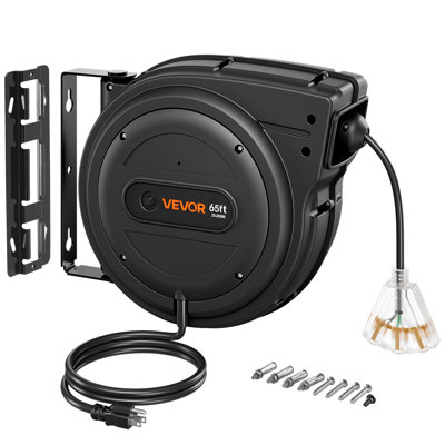 Enrouleur de cordon d'extension rétractable robuste 65A 12AWG / 3C SJTOW noir, pour montage au plafond / mural, disjoncteur 15A, cordon d'alimentation rétractable automatique, triple robinet éclairé, avec support pivotant à 180 °