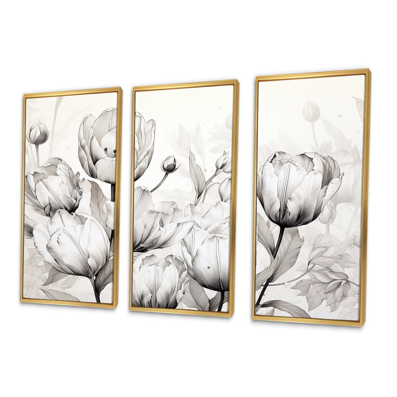 Minimalisme, tulipes noires et blanches, ensemble d'art mural sur toile, Cadre flottant doré, H 32 po x l 48 po x P 1 po