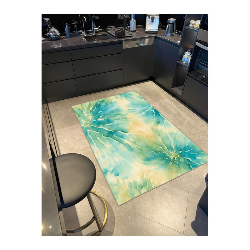 Tapis vert délavé à motif tissé flou et tapis lavable, Rectangle 3 pi 3 po x 4 pi 11 po
