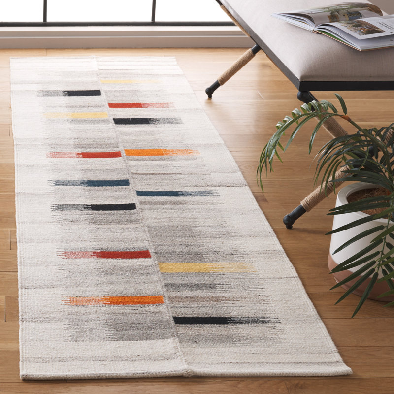 Kilim Flatweave Wool Cotton Abstract Rug in Ivory/Gray, Runner 2'3" x 8'