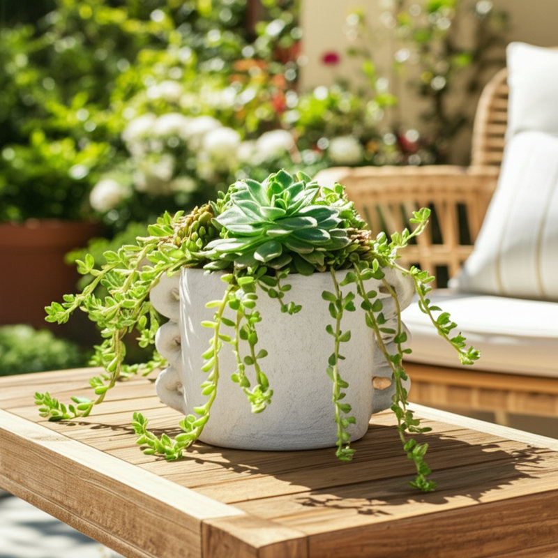 Pot de fleurs en poterie et ciment avec poignée unique à boucles multiples, Blanc, H 6,25 po x l 10 po x P 7 po
