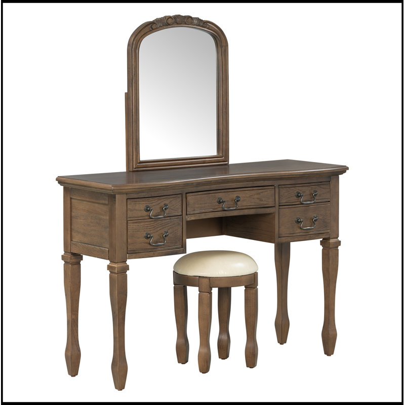 Coiffeuse de maquillage avec miroir à cadre floral courbé, 5 tiroirs et tabouret en cuir