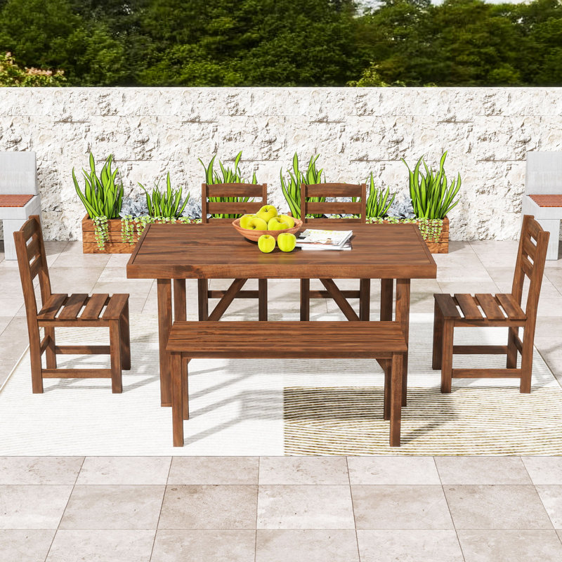 Ensemble repas 6 pièces en bois d'acacia avec chaises et banc Modern, Brun