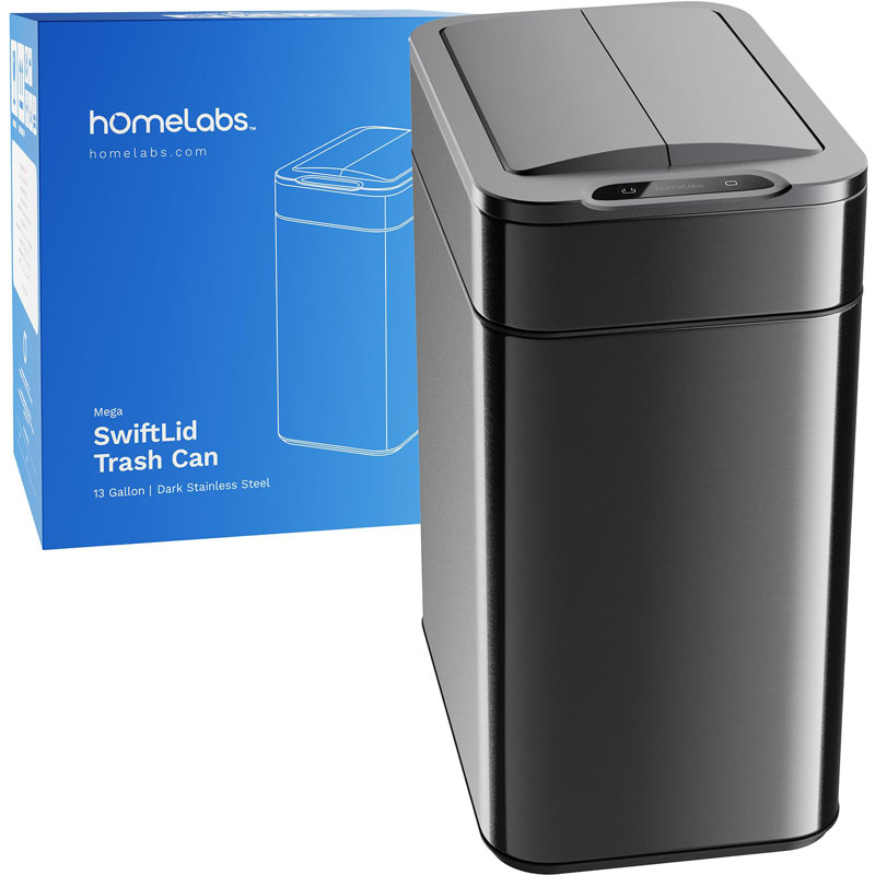 hOmeLabs Robust 13 Gallon Kitchen Trash Can, Retractable Sensor Butterfly Lid, Maximizing Space, Easy to Clean, Battery-Powered with Batteries Included - Dark Stainless Steel