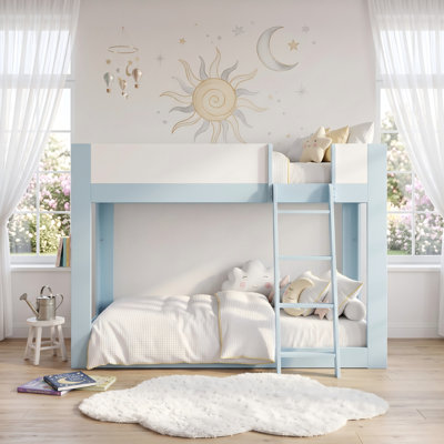 Low Bunk Bed with Reversible Ladder, Solid Wood Convertible Bunk Bed with Safety Guardrails for Low Ceilings
