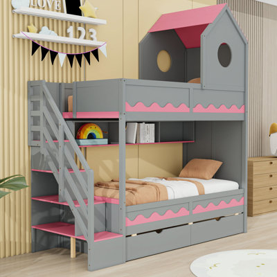 Bunk Bed with Staircase, Hidden Storage and LED Lights